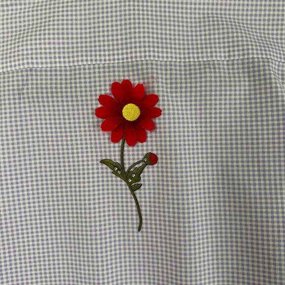 Hot Dames Red Hat Society Button Up Shirt Size M Gingham Purple Red Appliqué - Picture 8 of 8